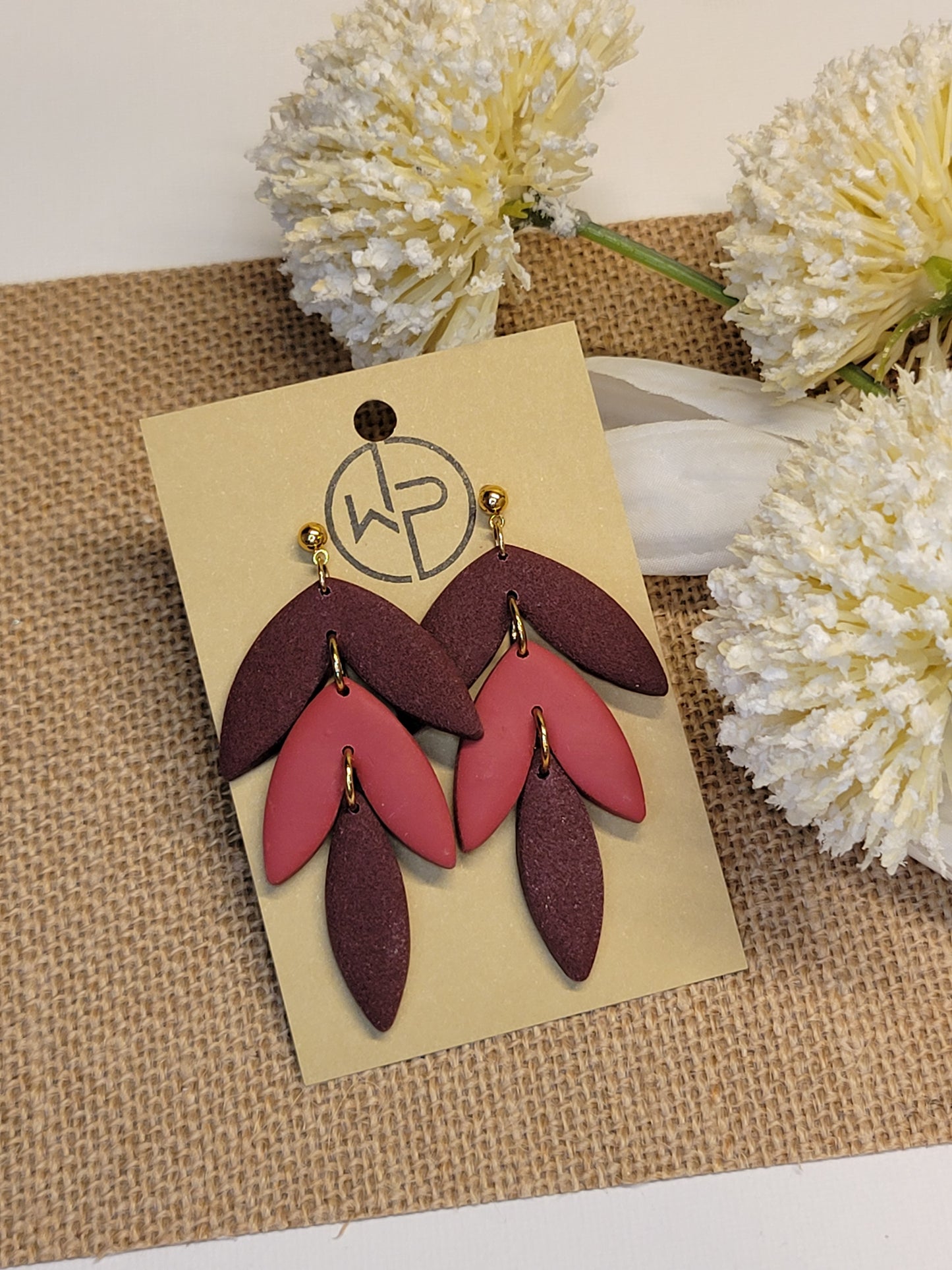 Maroon and Mauve Leaf Dangle Earrings