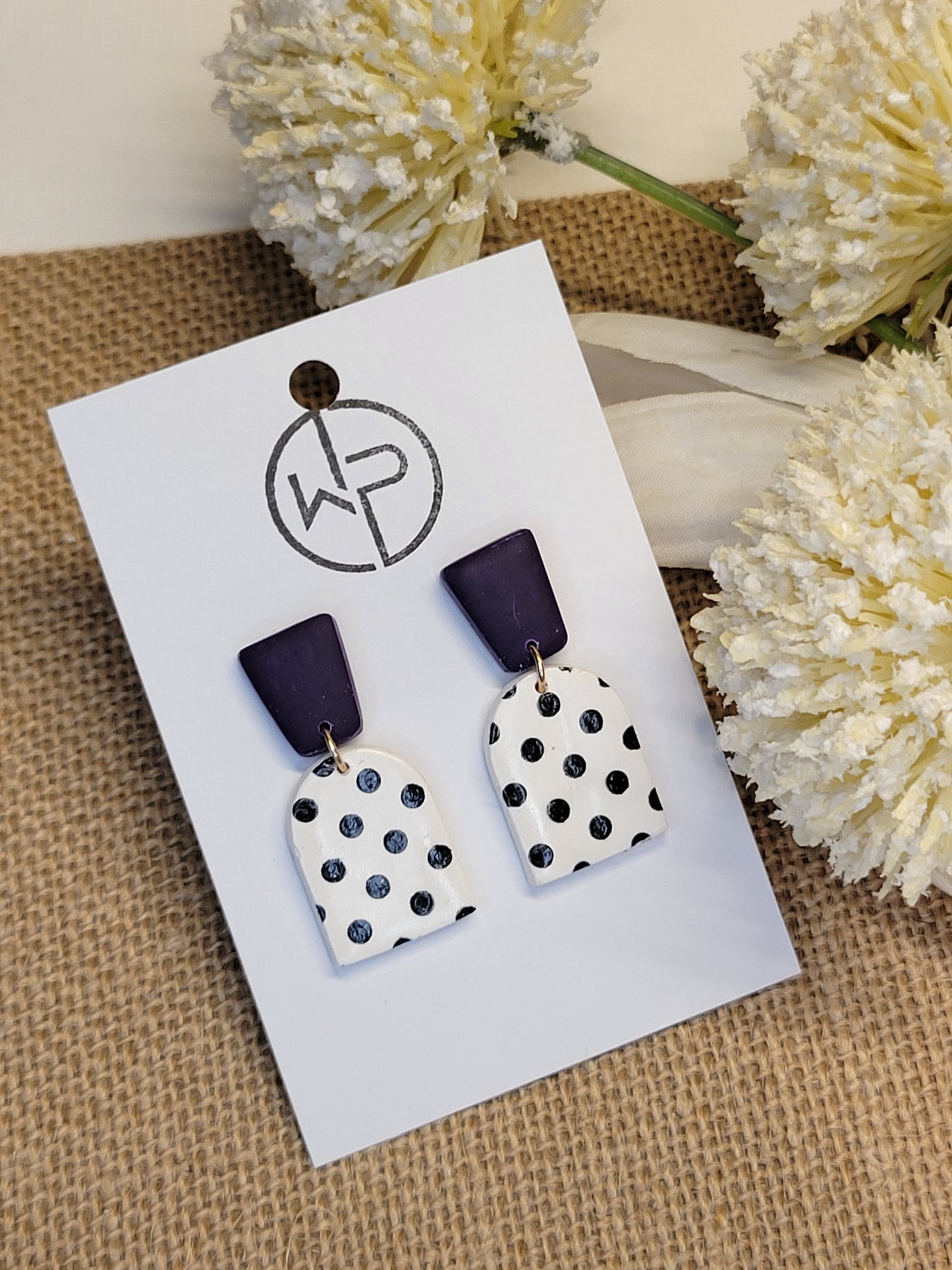 Dark Purple and Polka Dot Drop Earrings