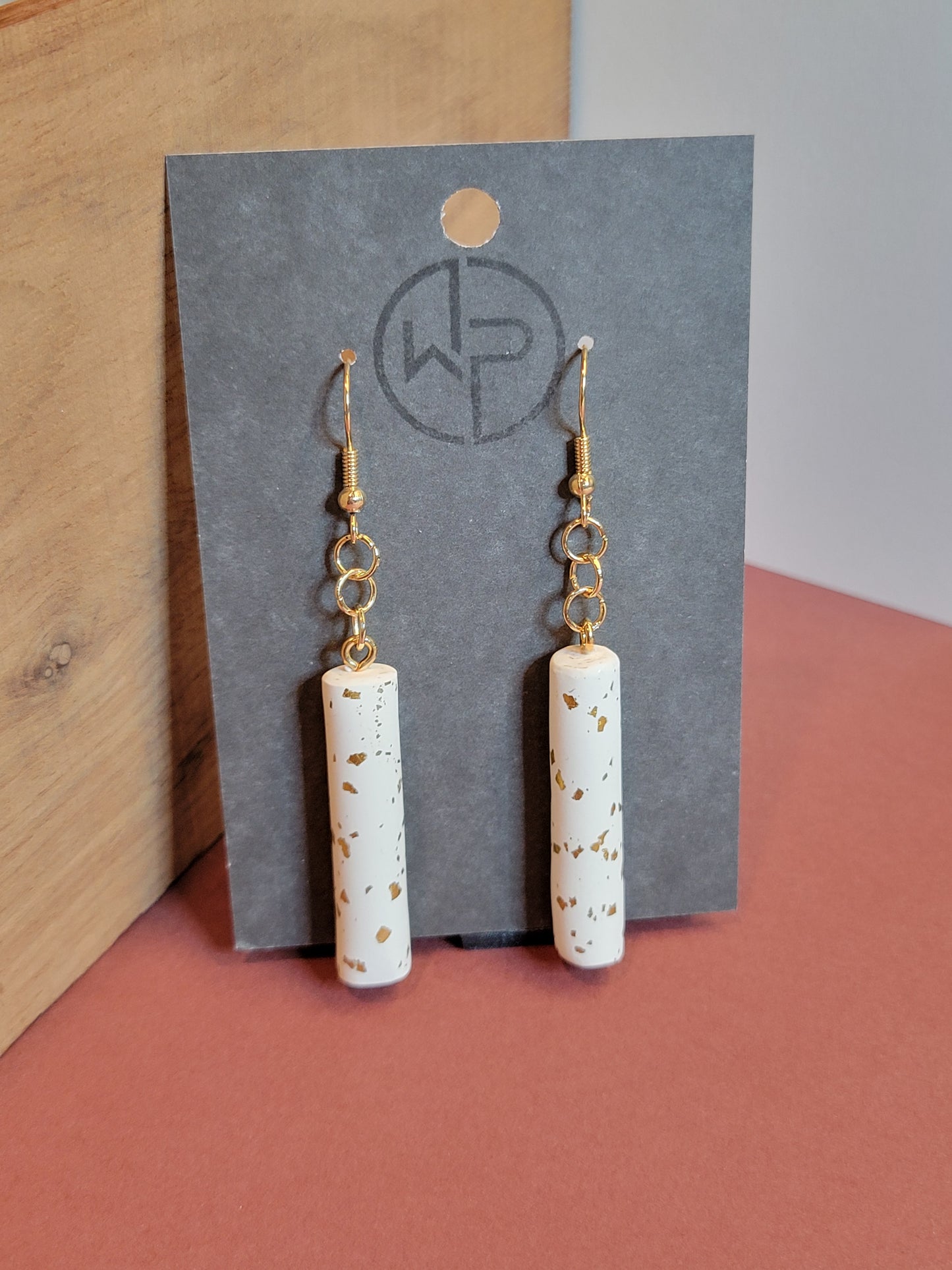 Gold Flake Cylinder Dangle Earrings