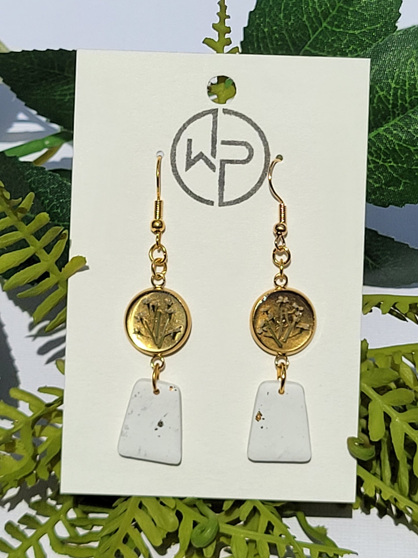 Flower and White Marbled Earrings