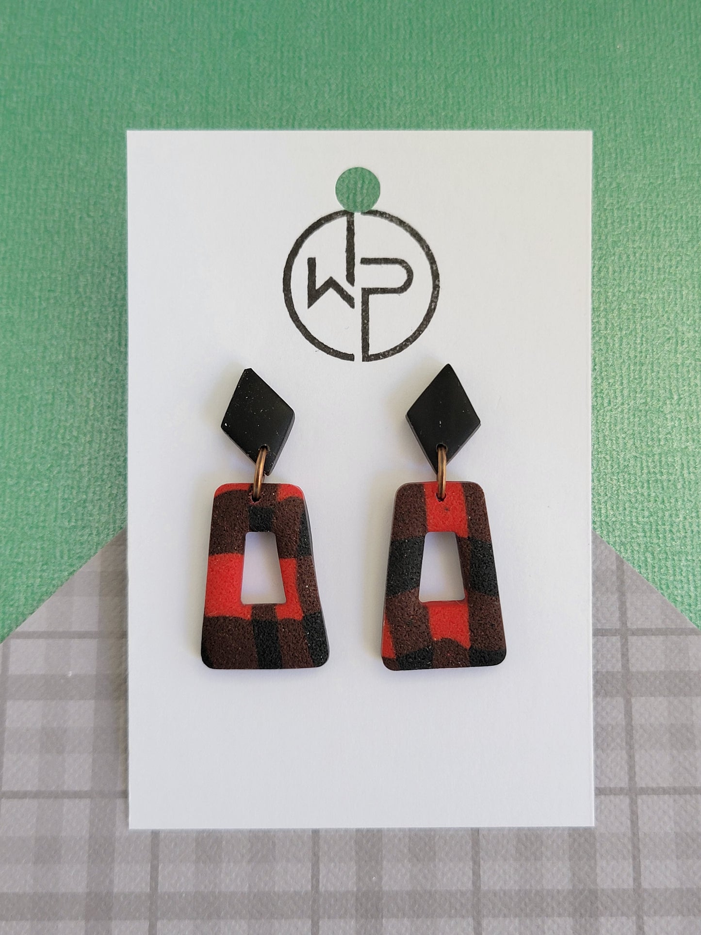 Diamond Black and Red Plaid Earrings