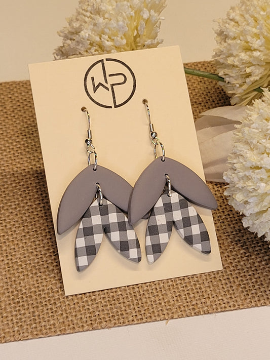 Light Gray/Plaid Leaf Hook Earrings