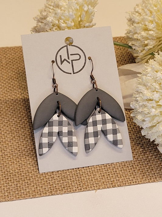 Gray/Plaid Leaf Hook Earrings
