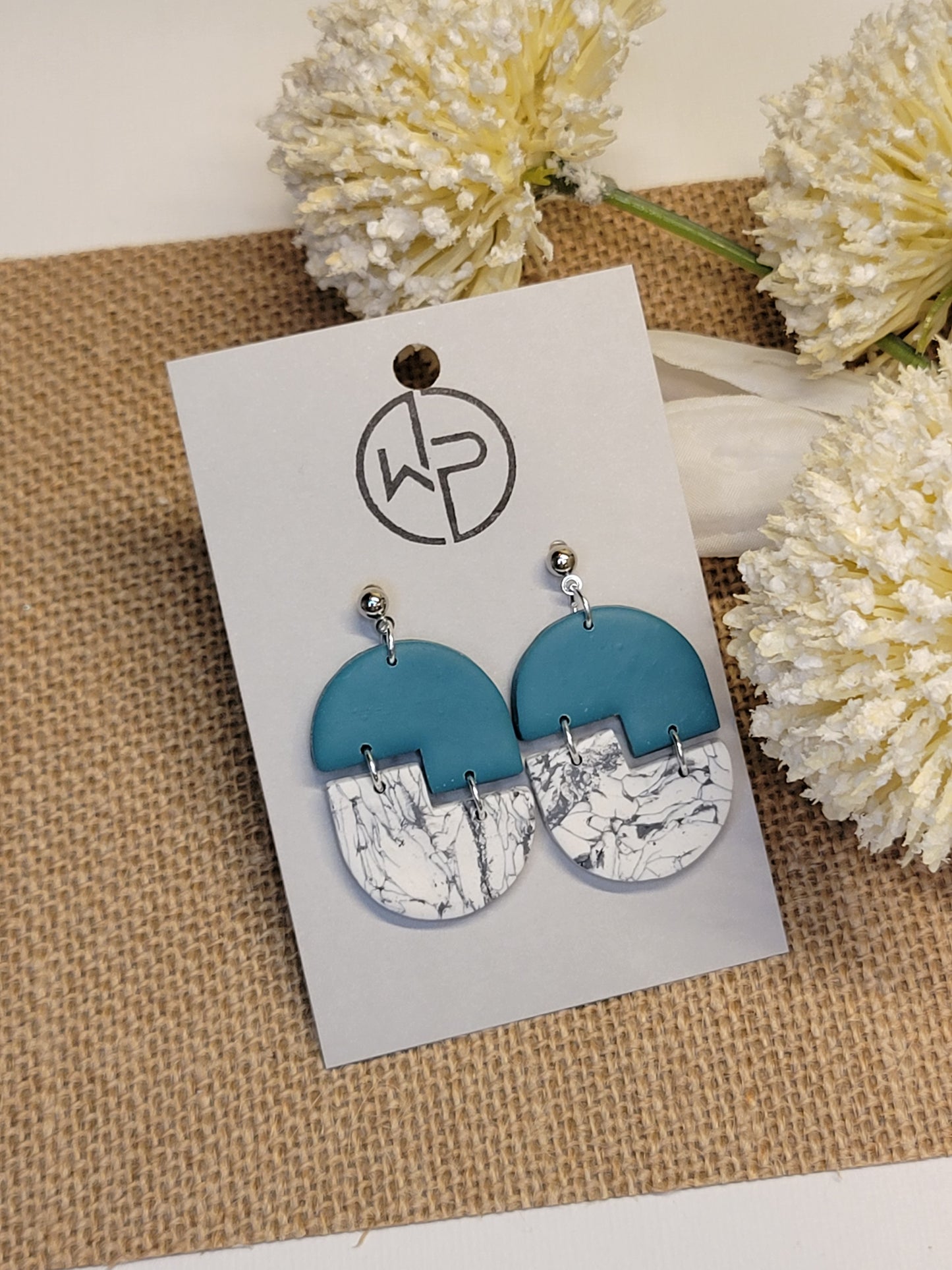 Marble and Teal Oval Earrings