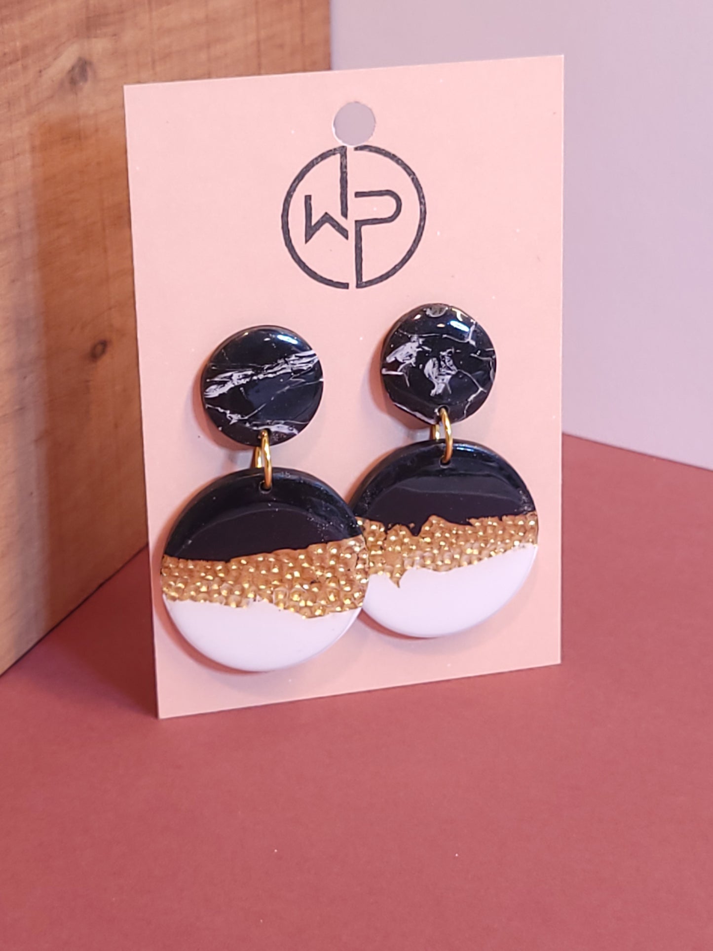Black and White Gold Hammered Earrings