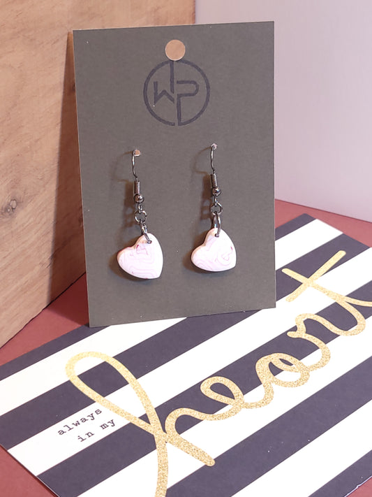 White and Pink Swirl Heart Earrings