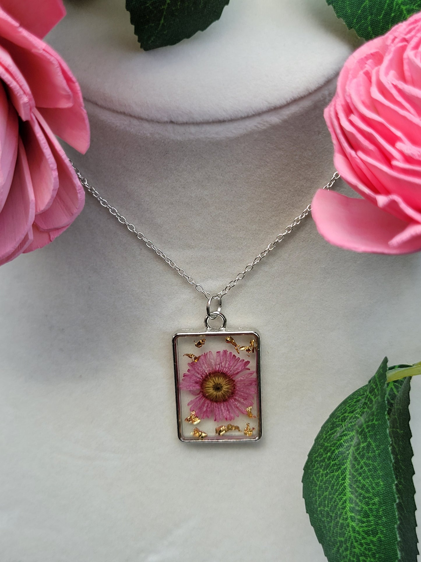 Pink Flower Necklace with Gold Flakes