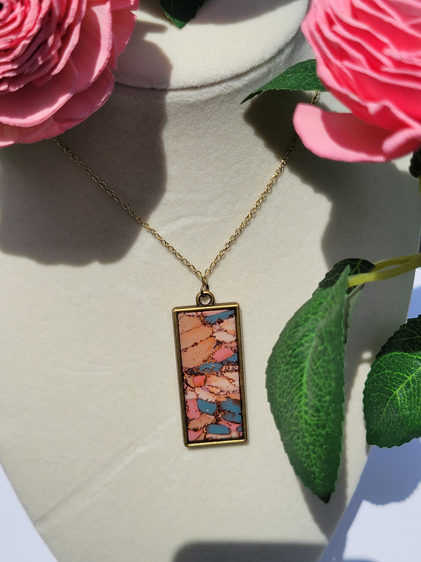Pink Marbled Rectangle Necklace