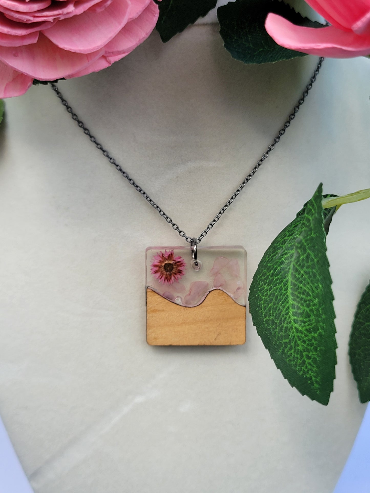 Flower and Pebble Split Wood Necklace