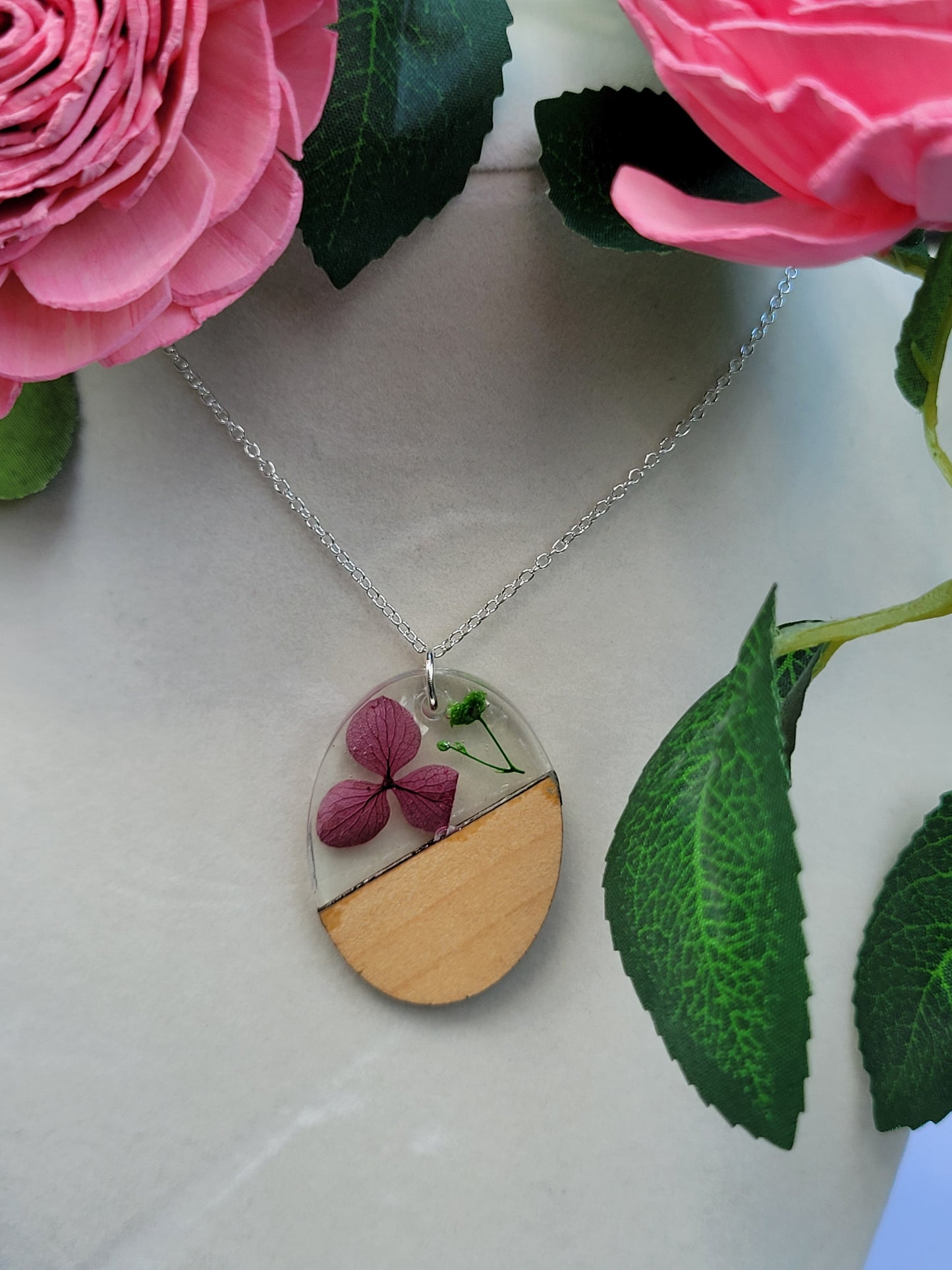 Flower and Leaf Split Wood Necklace
